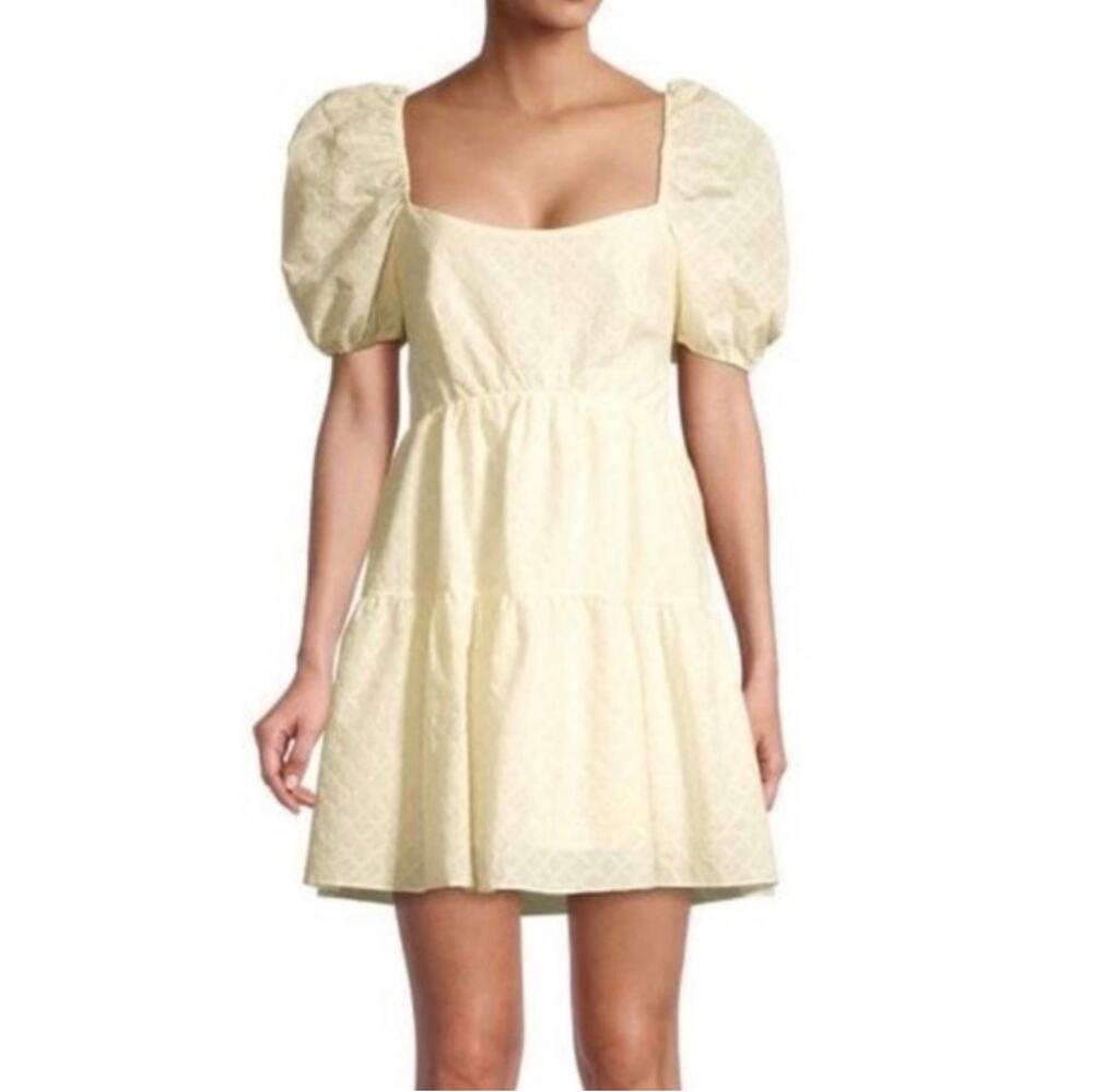 Bardot Lucy Yellow Dress Cotton Lace Tie Back Short Puff Sleeve Mini Size 10